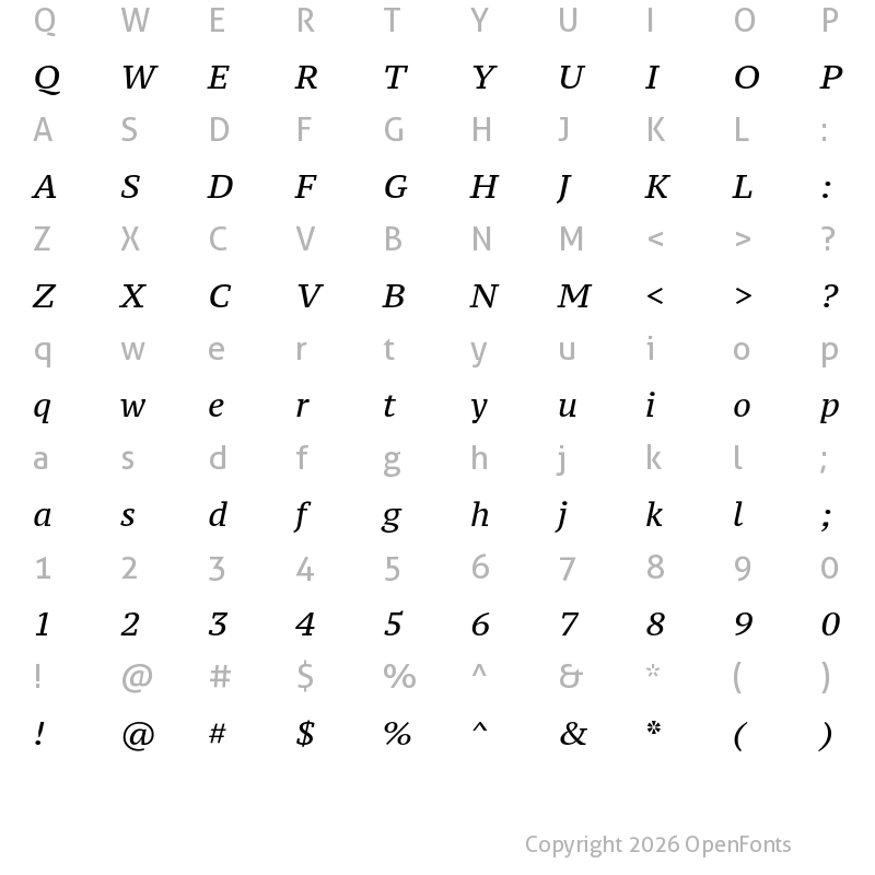 Character Map of PT Serif Pro Caption Italic