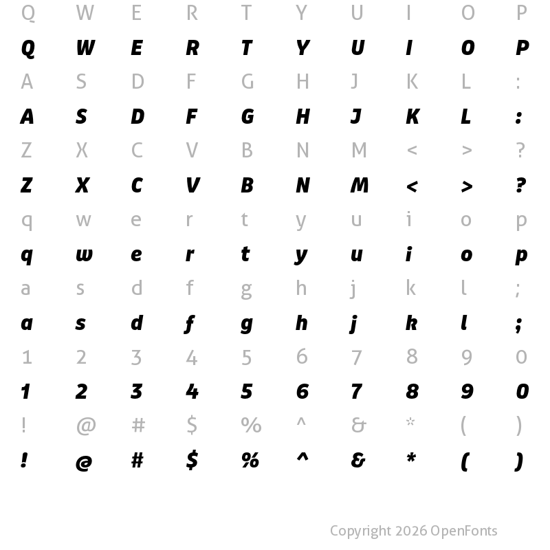 Character Map of Puffin Display ExtraBold Italic