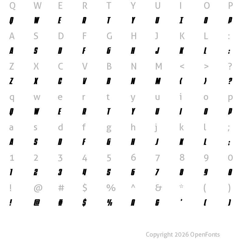 Character Map of Punch Condensed Italic Regular