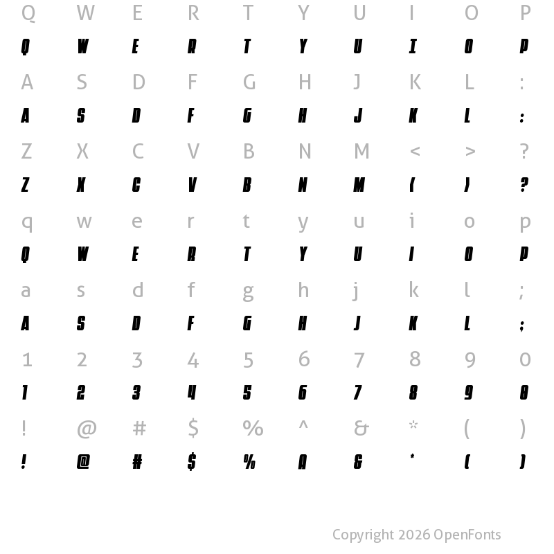 Character Map of Punch Condensed Semi-Italic Regular