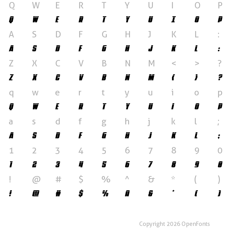 Character Map of Punch Laser Italic Regular
