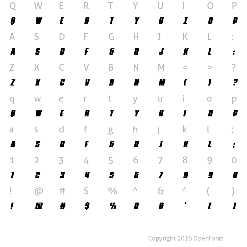 Character Map of Punch Title Italic Regular