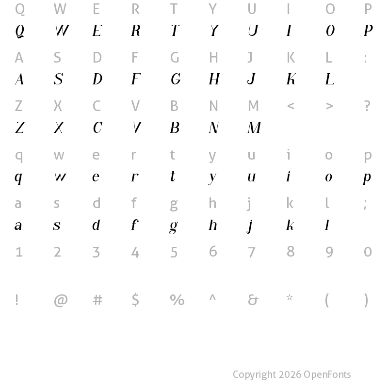 Character Map of Qiba Serif Italic FREE Italic