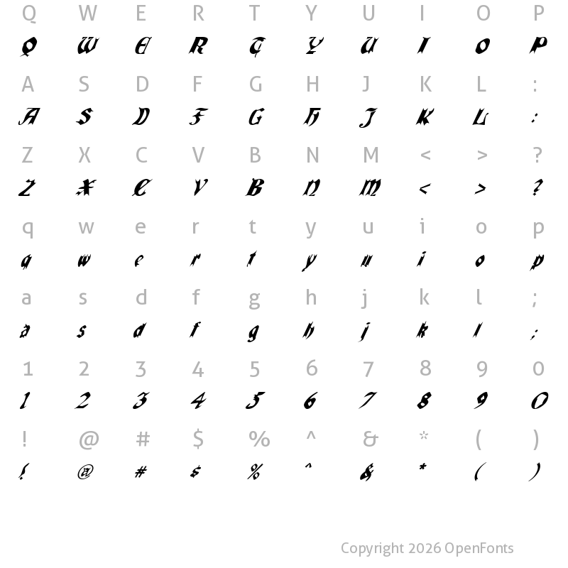 Character Map of QuaelGothicItalics Regular