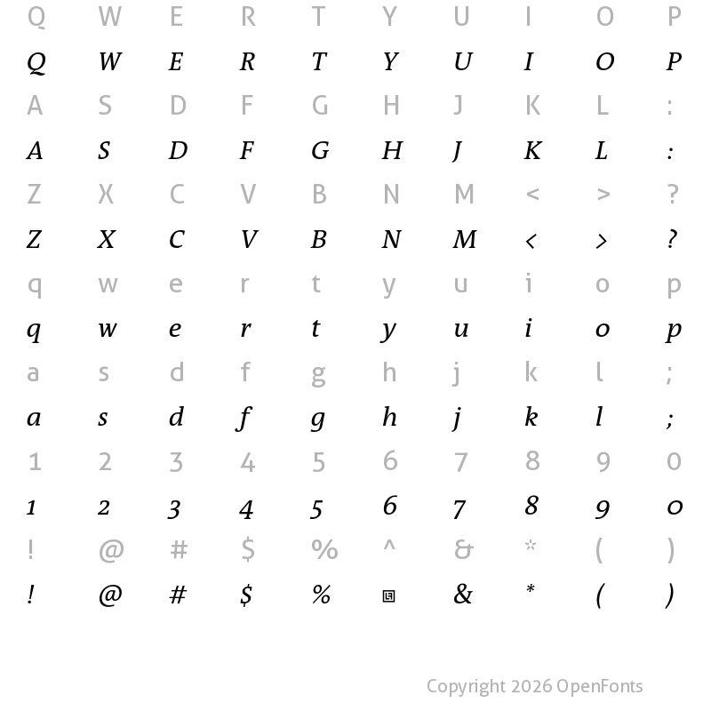 Character Map of QuaText Trial Italic