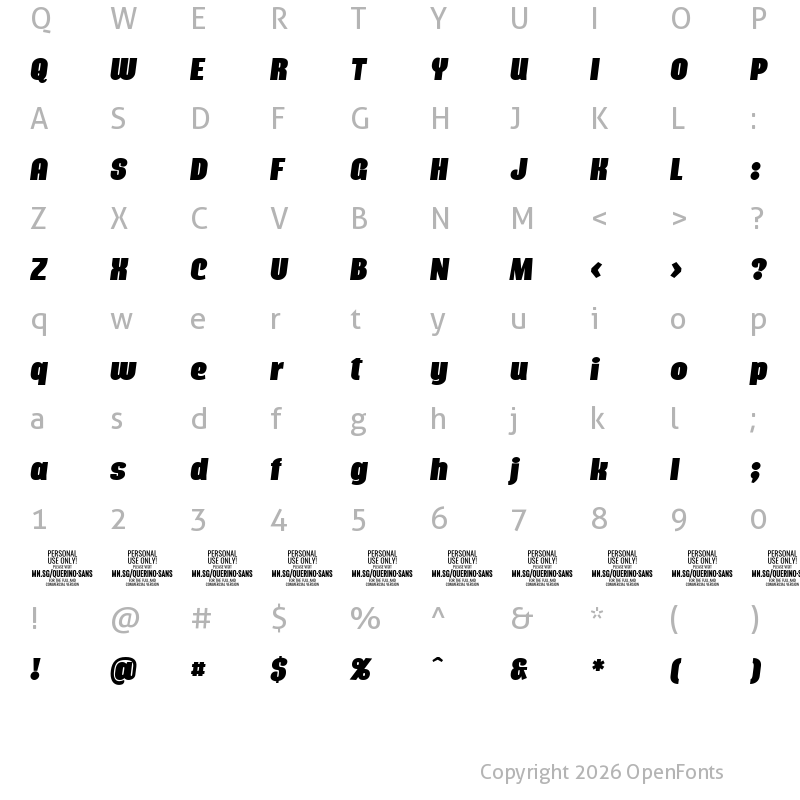 Character Map of Querino Sans PERSONAL USE Italic