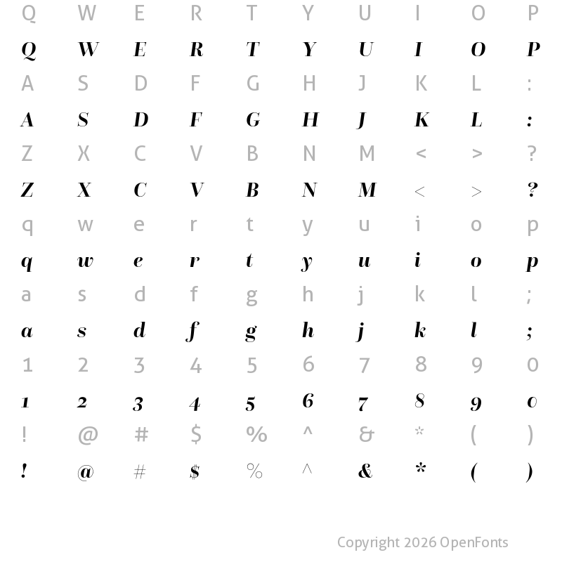Character Map of Questa Grande Bold Italic