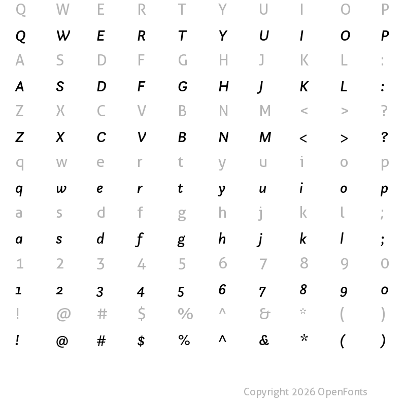 Character Map of Questa Sans Medium Italic