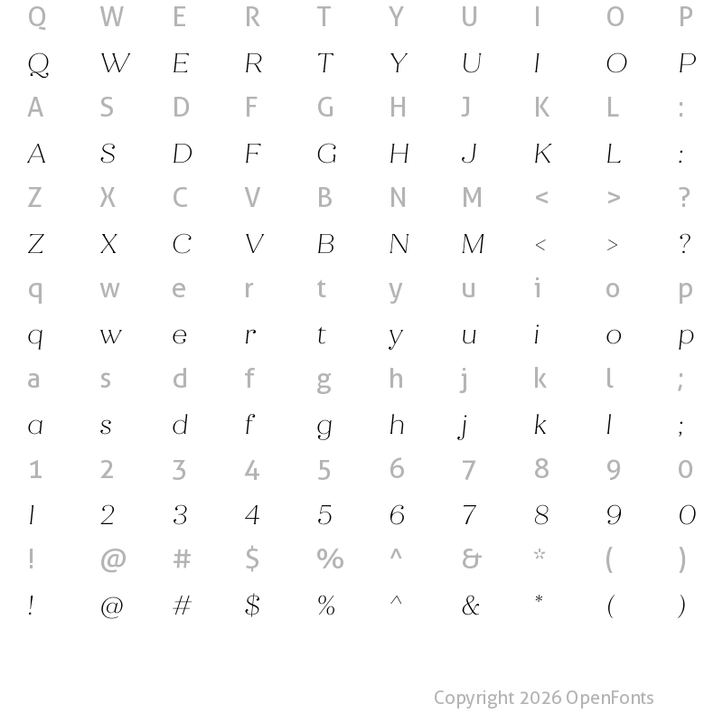 Character Map of Quiche Flare Thin Italic