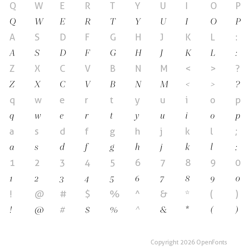 Character Map of Quinn Display Light Italic