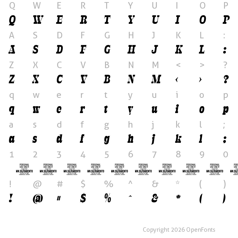 Character Map of Rabento PERSONAL USE ONLY Black Italic