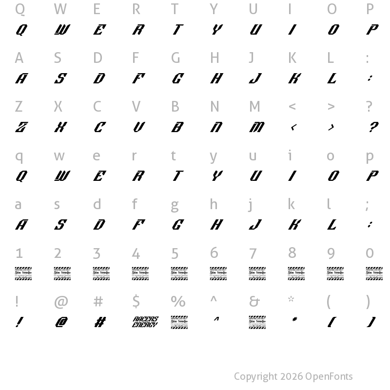 Character Map of Racers Energy Personal Use Regular