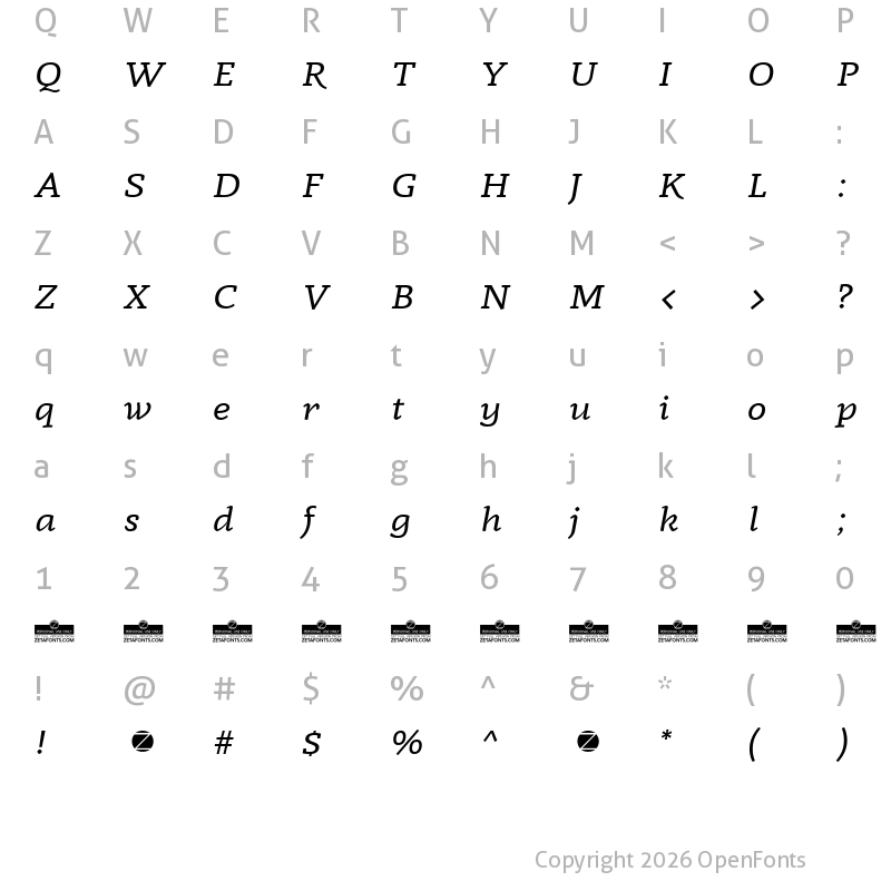 Character Map of Radcliffe Display Italic