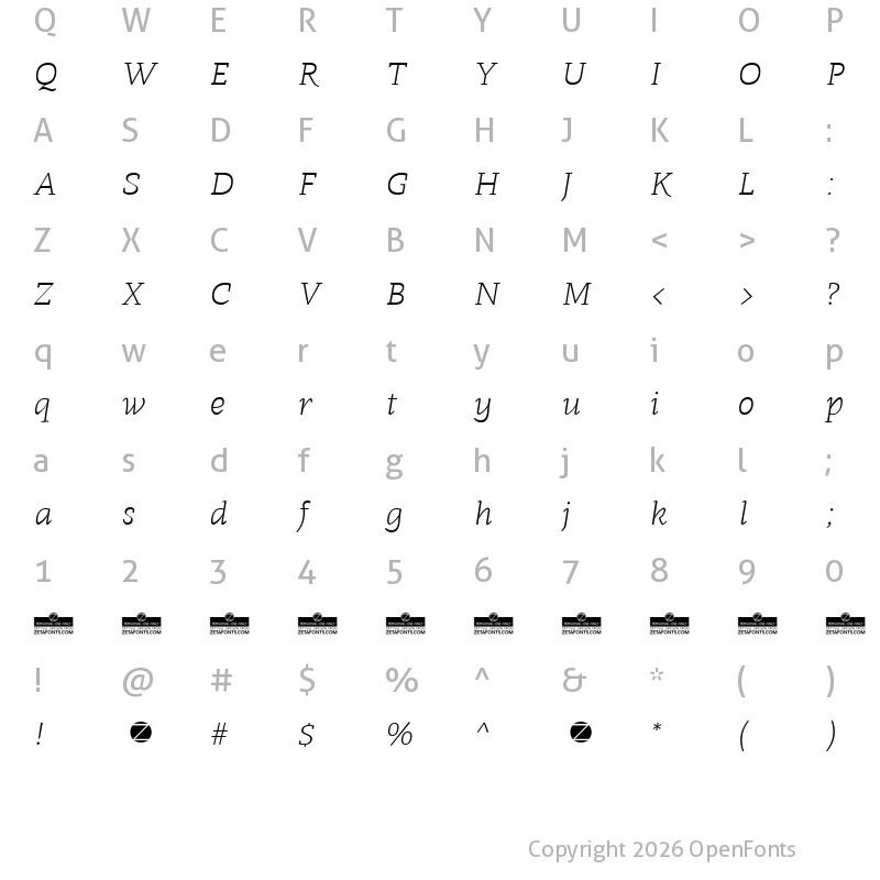 Character Map of Radcliffe Text Light Italic