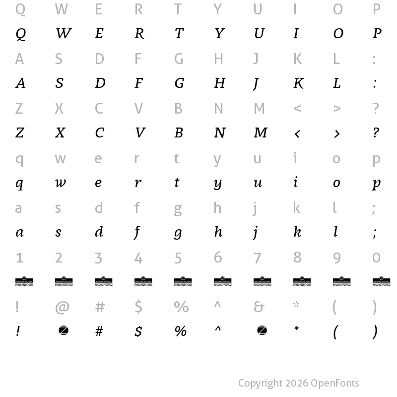 Character Map of Radcliffe Text Medium Italic