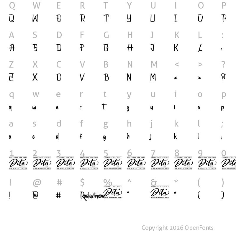 Character Map of Radiantnexa Personal Use Regular