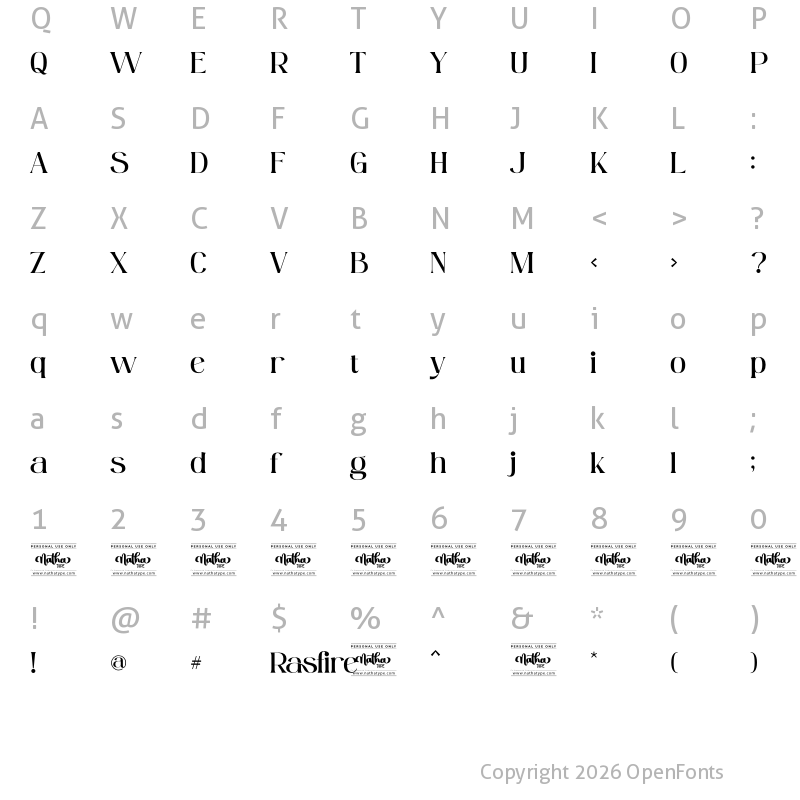 Character Map of Rasfire Regular Personal Use Regular