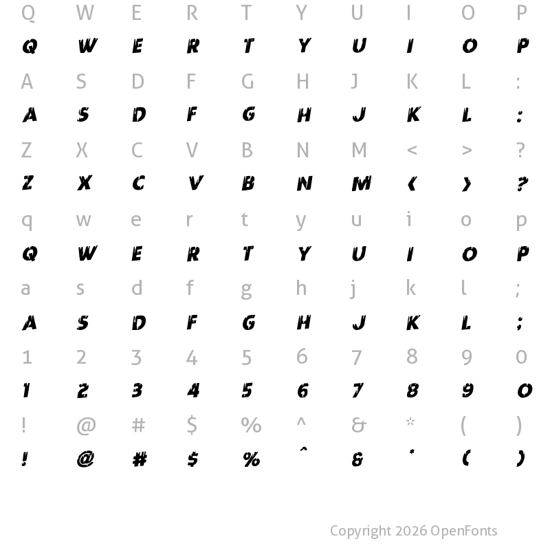 Character Map of Red Undead Staggered Rotalic Italic