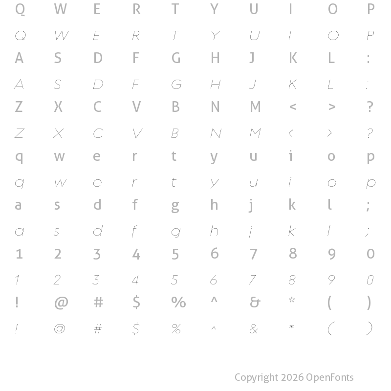 Character Map of Regulator Nova Thin Italic