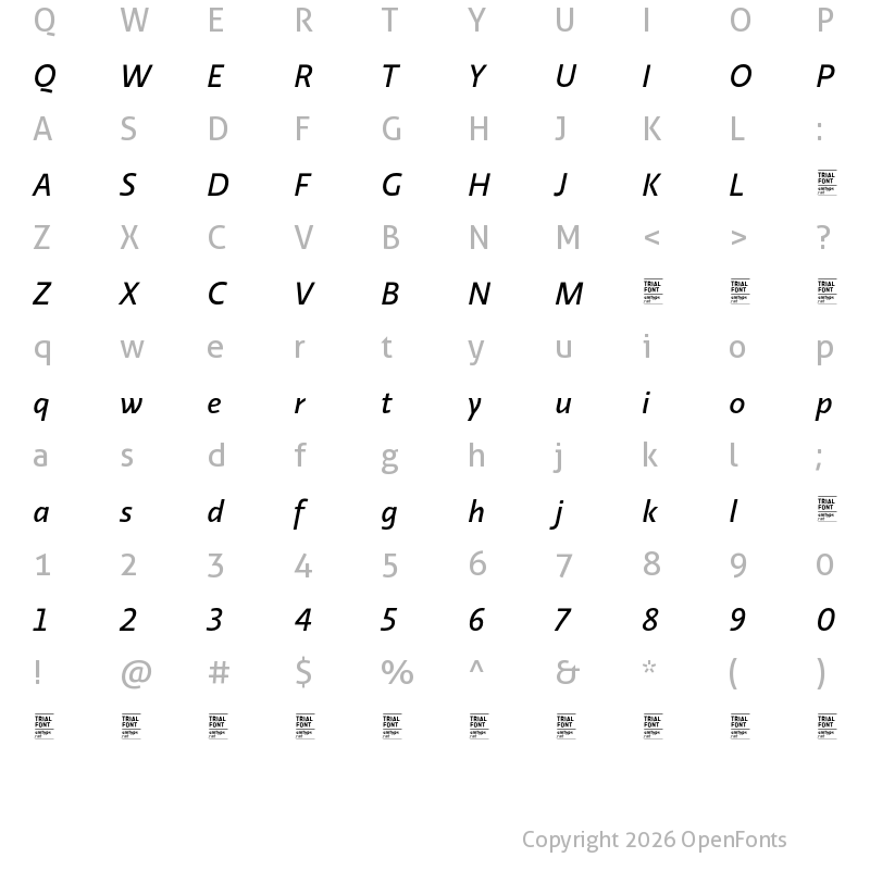 Character Map of Relato Sans TRIAL Medium Italic