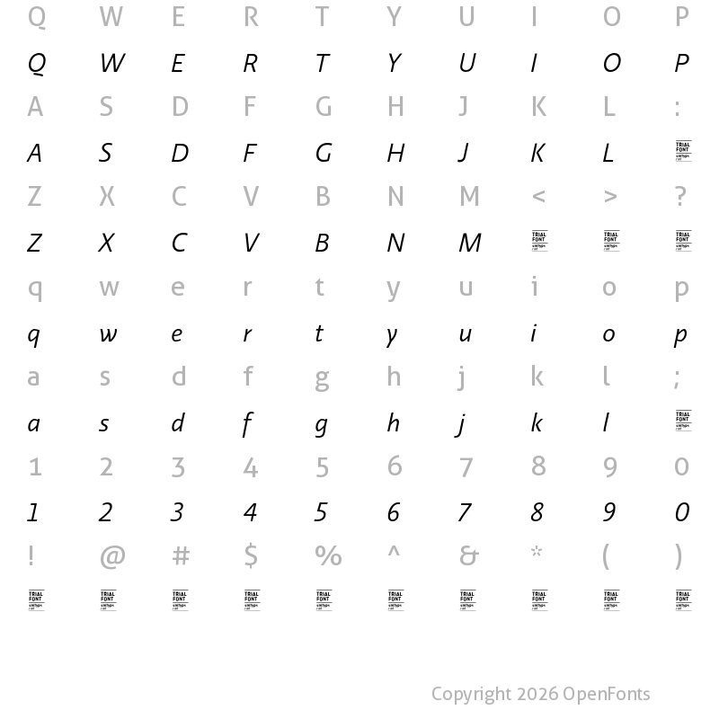 Character Map of Relato Sans TRIAL Regular Italic