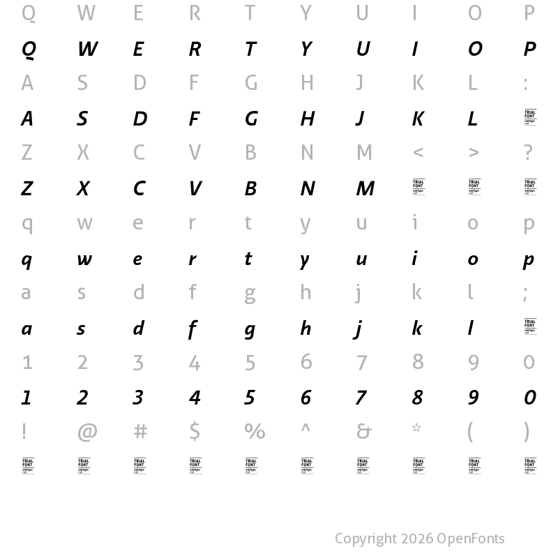 Character Map of Relato Sans TRIAL SemiBold Italic