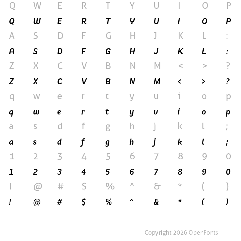 Character Map of Remora Sans W1 Demi Italic