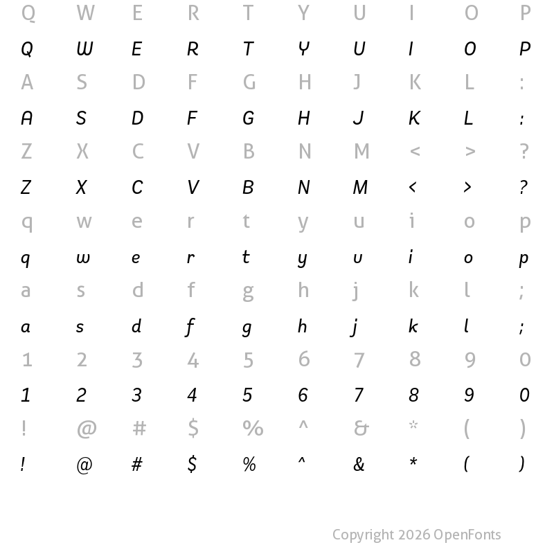 Character Map of Remora Sans W1 Medium Italic