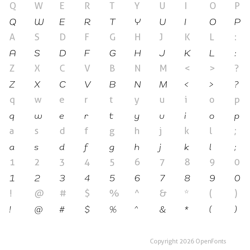 Character Map of Remora Sans W3 Light Italic