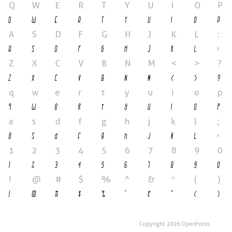 Character Map of Rhantica Regular Ital