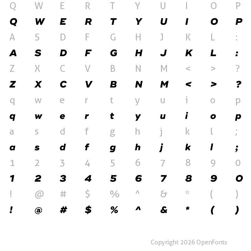Character Map of Ridley Grotesk ExtraBold Italic