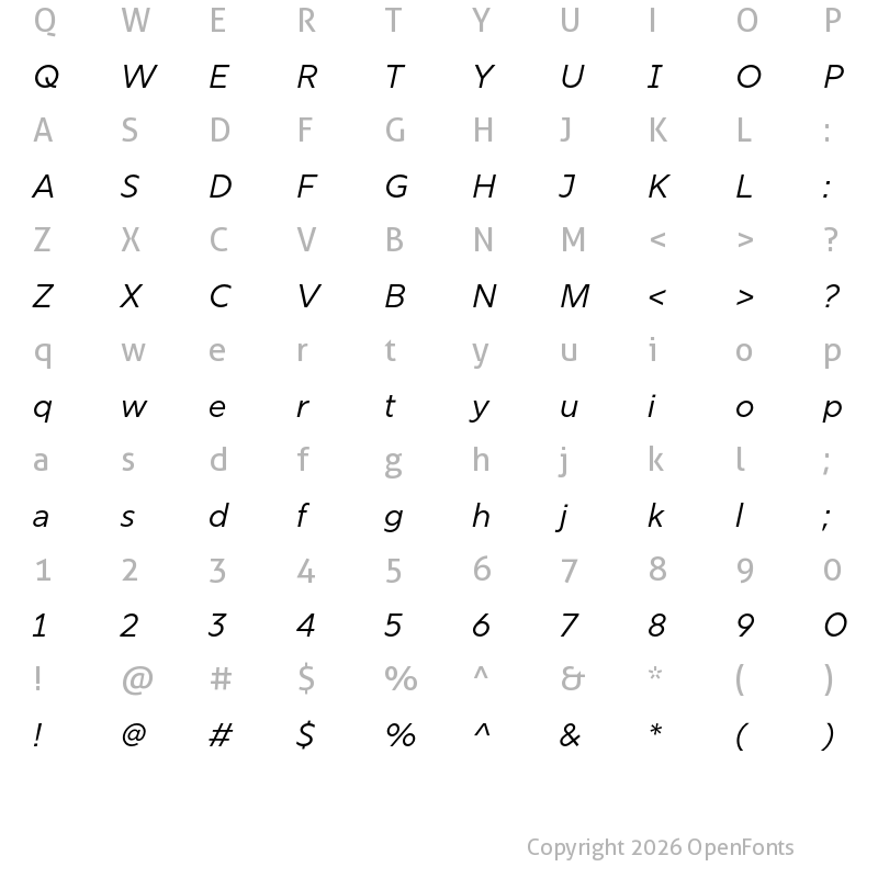 Character Map of Rig Sans Regular Italic