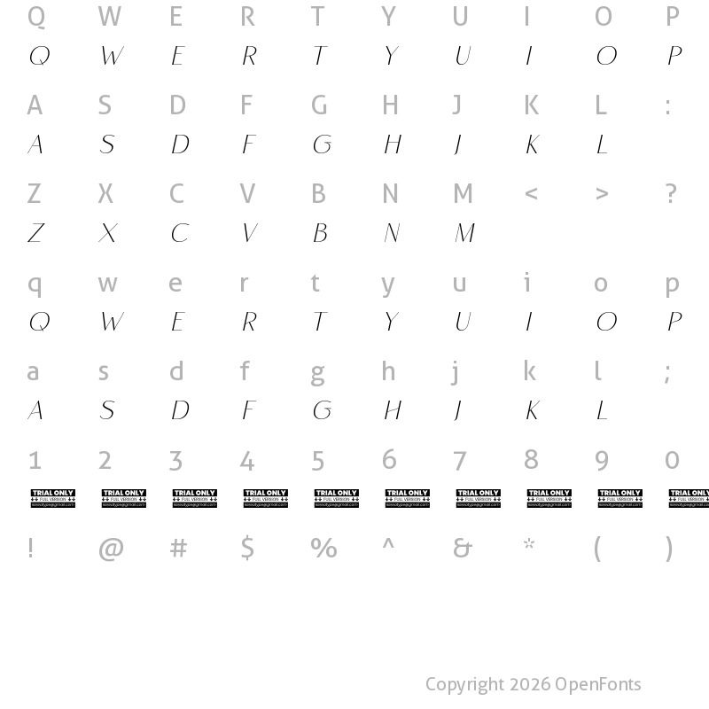 Character Map of Rise of Beauty Demo Italic