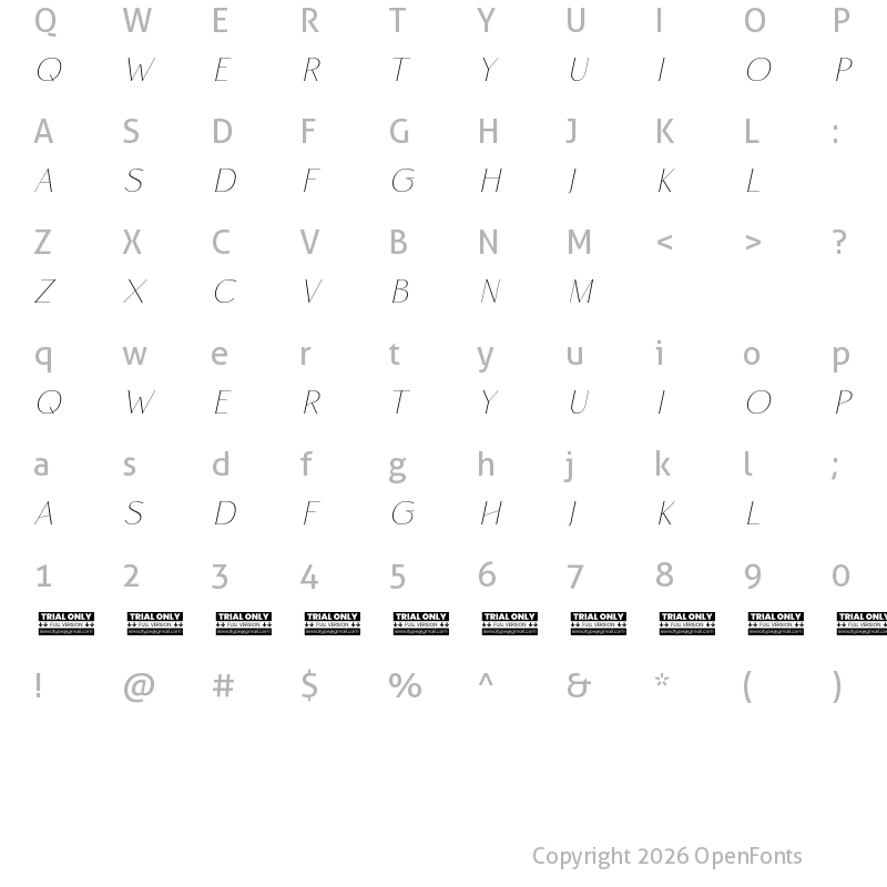 Character Map of Rise of Beauty Demo Thin Italic