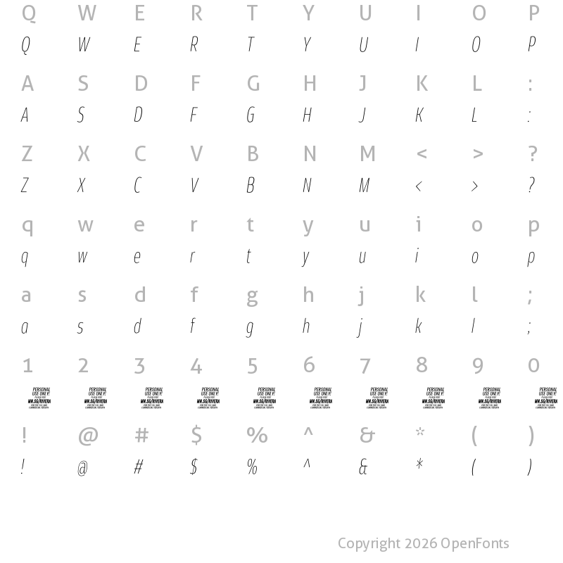 Character Map of Rivera PERSONAL USE ONLY Thin Italic
