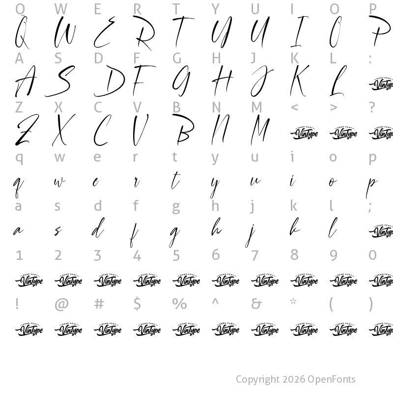 Character Map of Roberto Jane Demo Regular