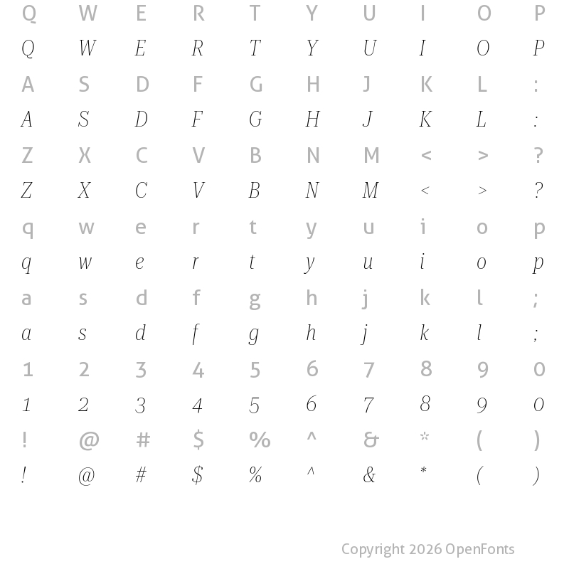 Character Map of Roboto Serif 120pt Condensed Thin Italic