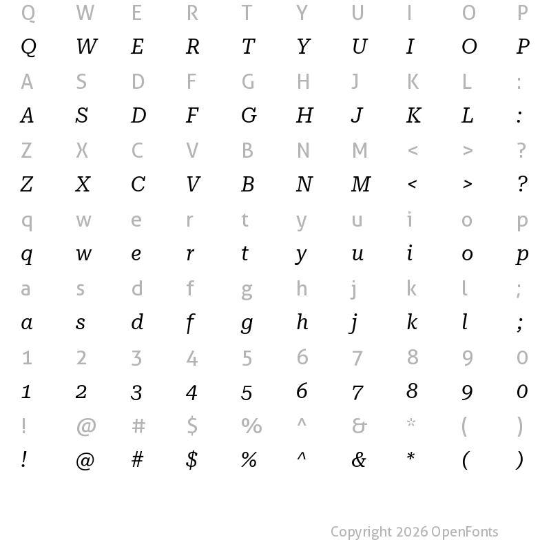 Character Map of Roboto Serif 20pt Italic