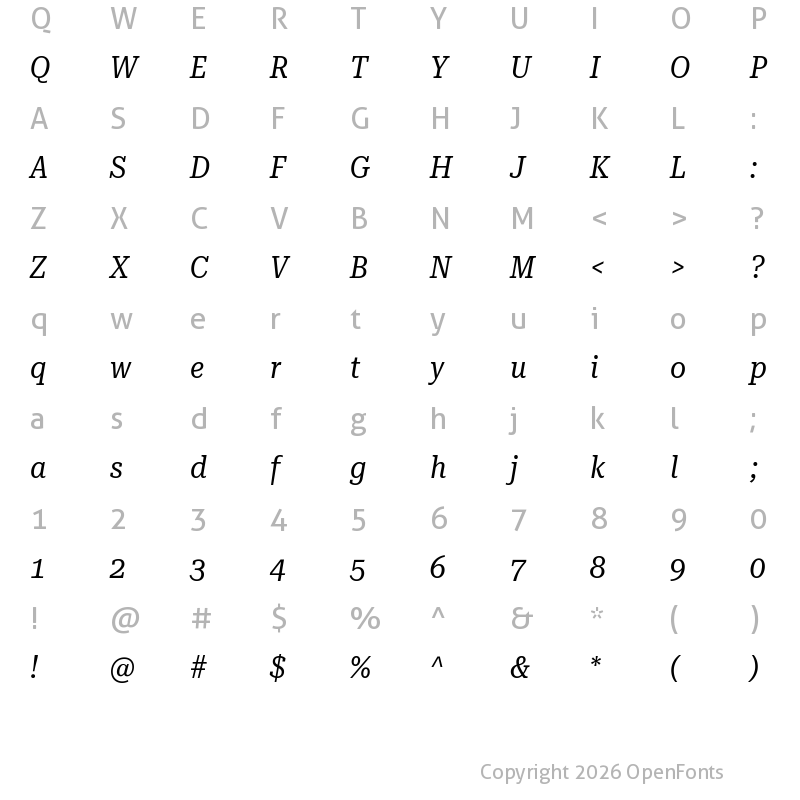 Character Map of Roboto Serif 28pt Condensed Italic