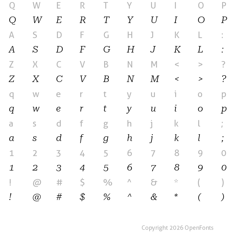 Character Map of Roboto Serif 28pt Expanded Light Italic
