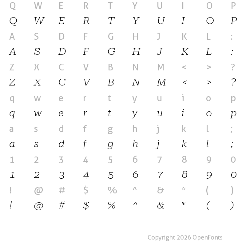 Character Map of Roboto Serif 28pt ExtraExpanded ExtraLight Italic