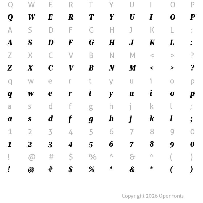 Character Map of Roboto Serif 72pt Condensed Bold Italic