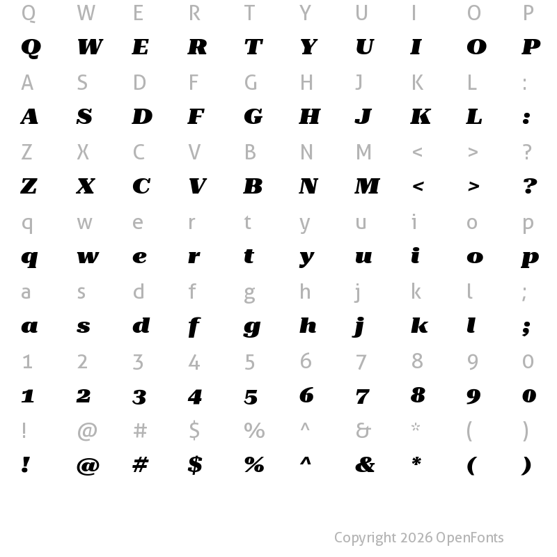 Character Map of Roboto Serif 72pt ExtraExpanded Black Italic