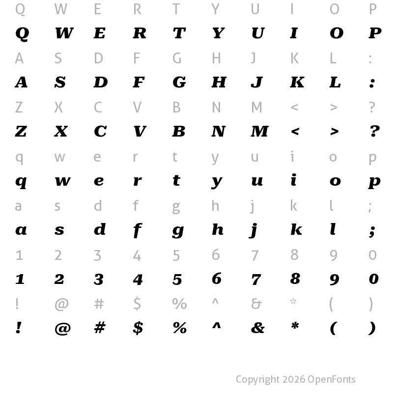 Character Map of Roboto Serif ExtraExpanded ExtraBold Italic