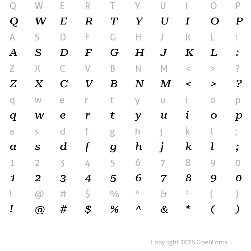 Character Map of Roboto Serif ExtraExpanded Medium Italic