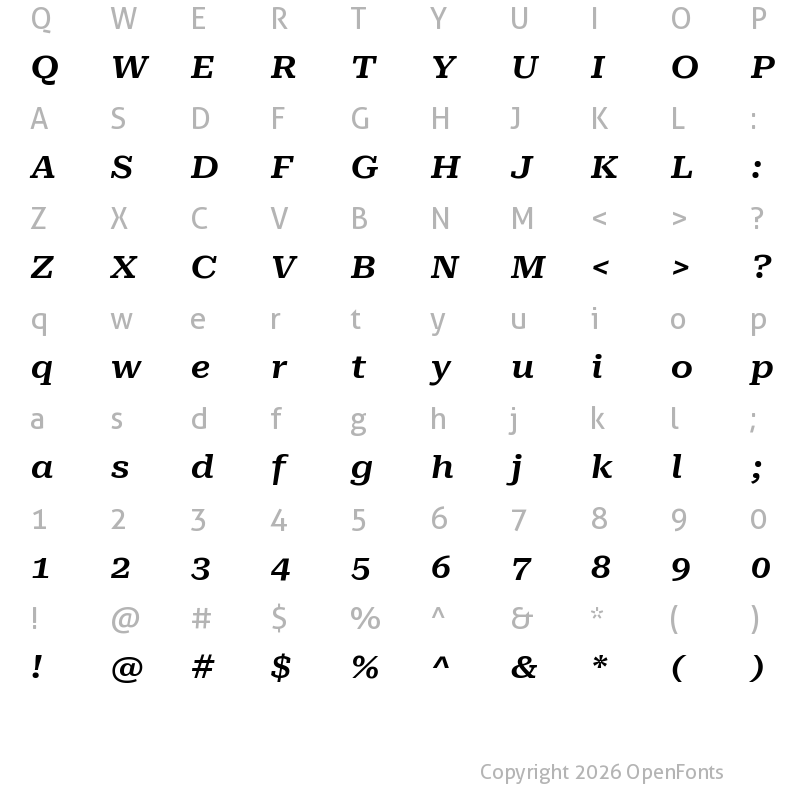 Character Map of Roboto Serif ExtraExpanded SemiBold Italic