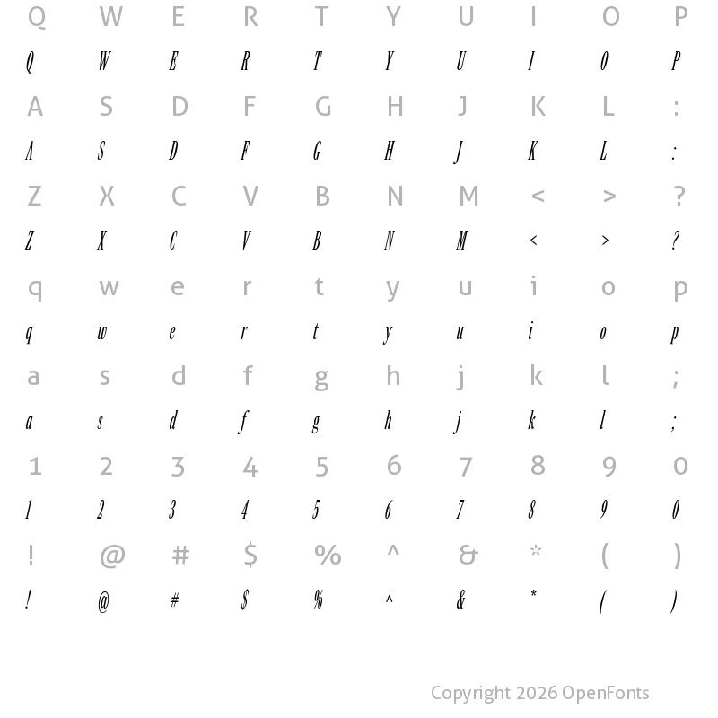 Character Map of Rocky Compressed Light Italic