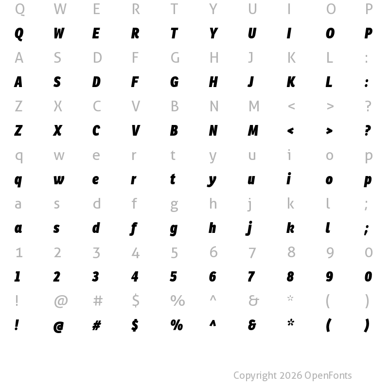 Character Map of Ronnia Condensed Heavy Italic