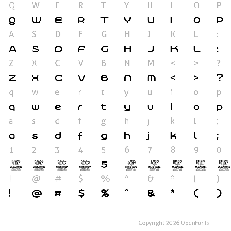 Character Map of Roona Sans Bold PERSONAL Regular
