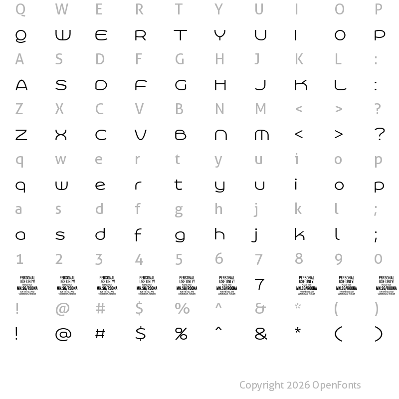 Character Map of Roona Sans Light PERSONAL Regular